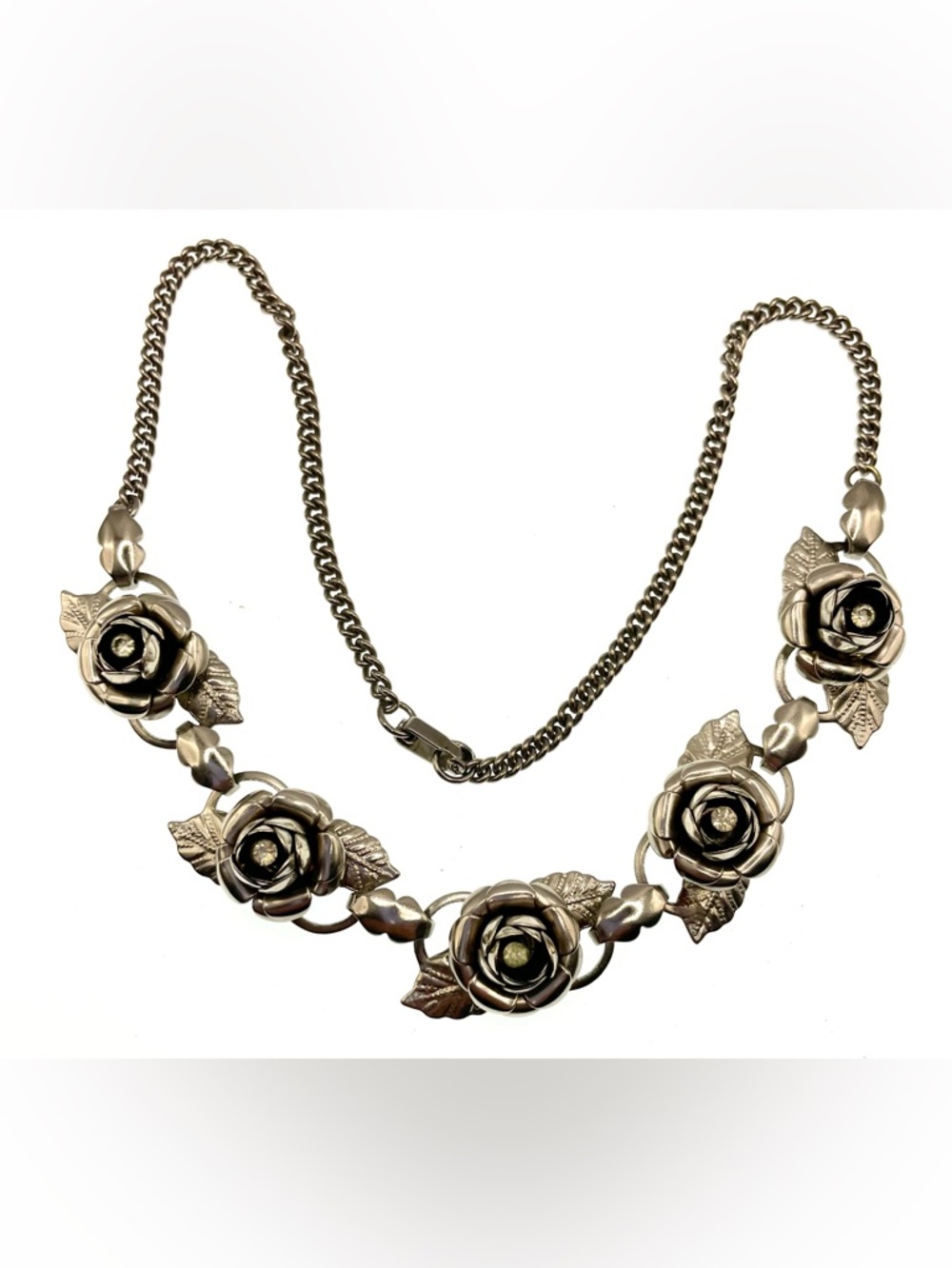 Vintage 1960s Silver Tone Rose Rhinestone Necklace Floral Statement Mid Century